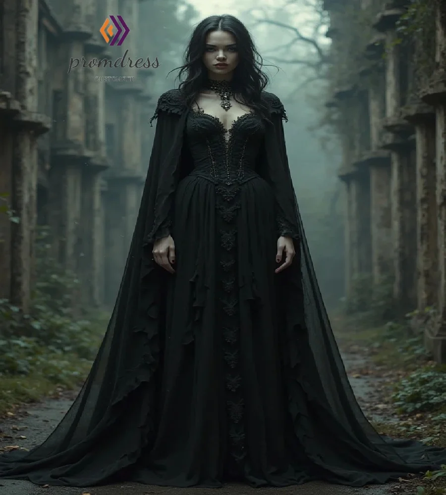 Enchantress 검은 마녀 고딕 웨딩 드레스와 케이프 신비한 켈트 신부 드레스 레이스 페르시 Boho Gatsby Bridal Customized