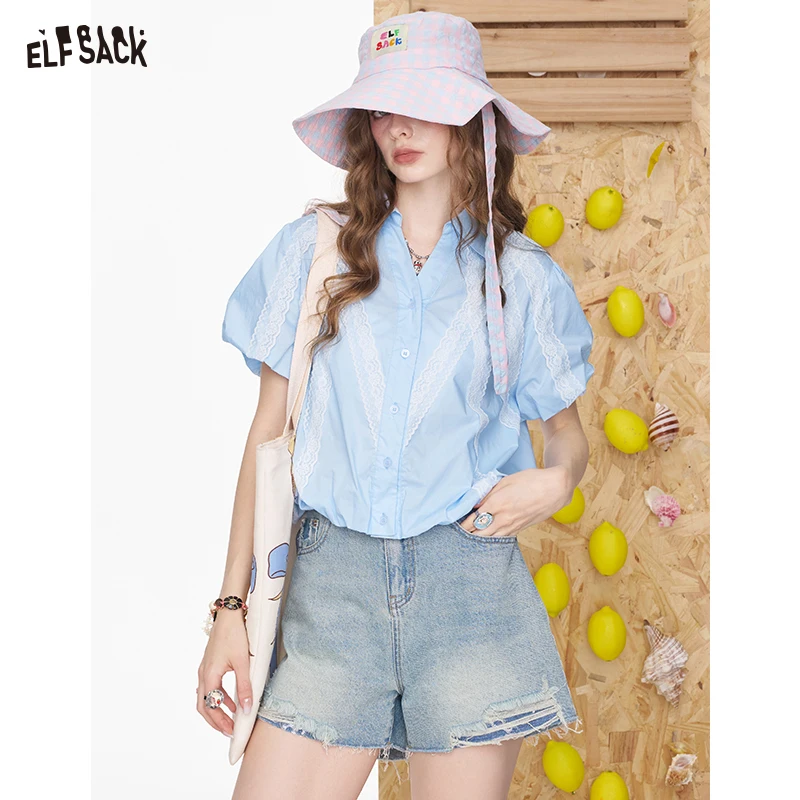 ELFSACK 2025 Summer New Arrivals Lace Patchwork Bubble Sleeves V-Neck Short Sleeve Shirt For Women