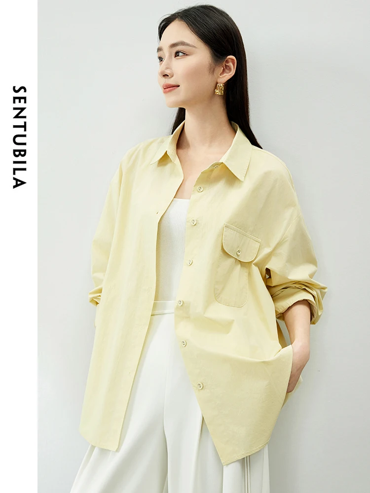 SENTUBILA Pure Cotton Oversized Shirt Women 2024 Spring Autumn Casual Fashion Button Up Shirts Blouses Woman Clothes 141C53811