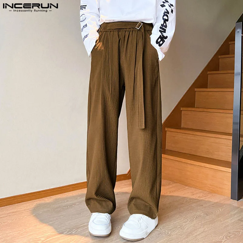 

2024 Men Pants Solid Color Pleated Elastic Waist Joggers Korean Casual Trousers Men Streetwear Leisure Straight Pants INCERUN