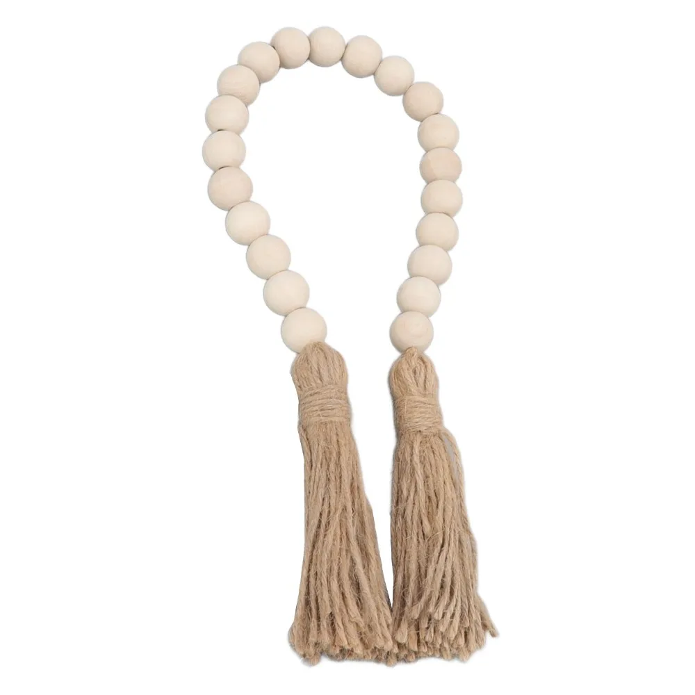 Elegant 19.69in Wood Bead Garland Beige Color Tassels Design Beaded Garland Decor Wall Hanging Decoration Farmhouse Decor