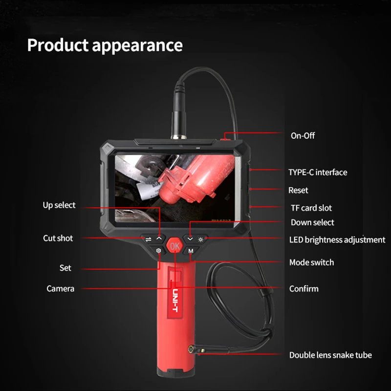 UNI-T Industrial Endoscope Dual Lens UT668 200W Pixel HD Camera Endoscope Photo Video Record Automotive Boroscope 1M 5M 10M Tube