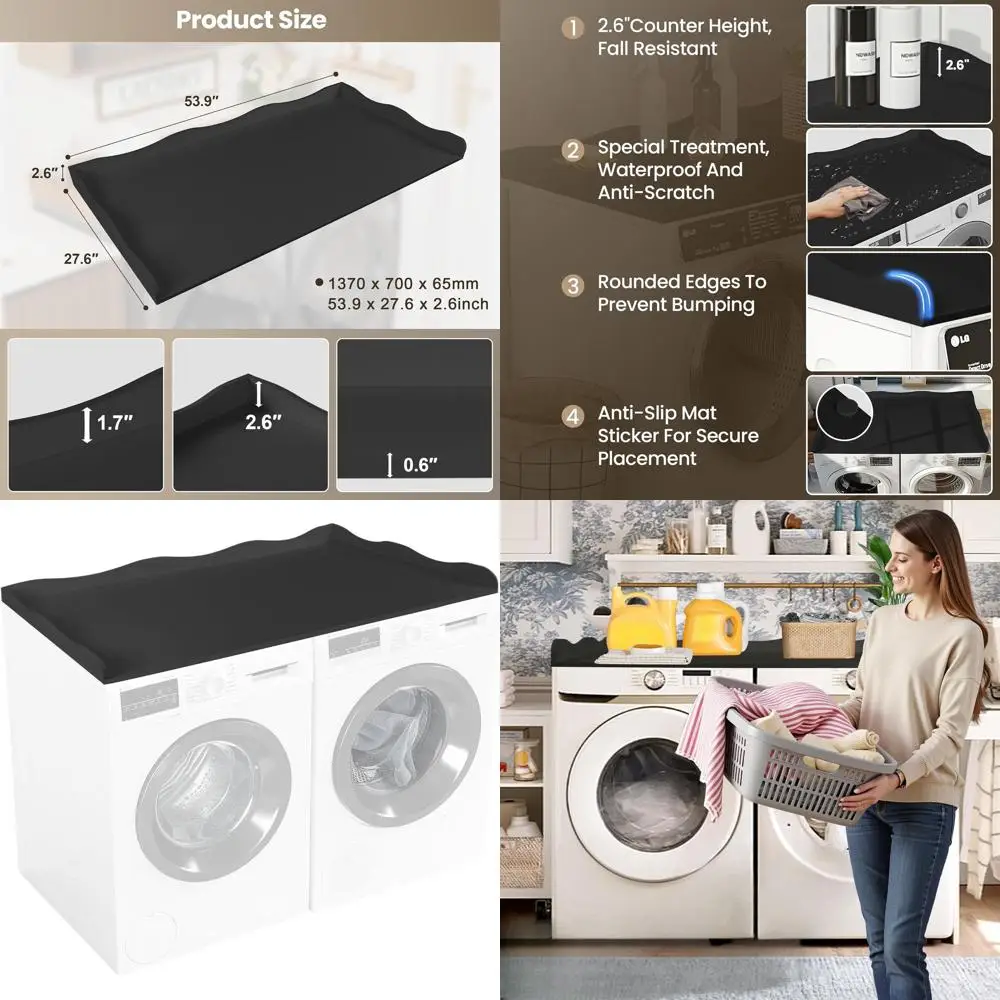 

54x27,6 Деревянная полка из ламината с волнистыми краями для стиральной и сушильной машины, органайзер для хранения в прачечной с противоскользящими подушечками (черный)