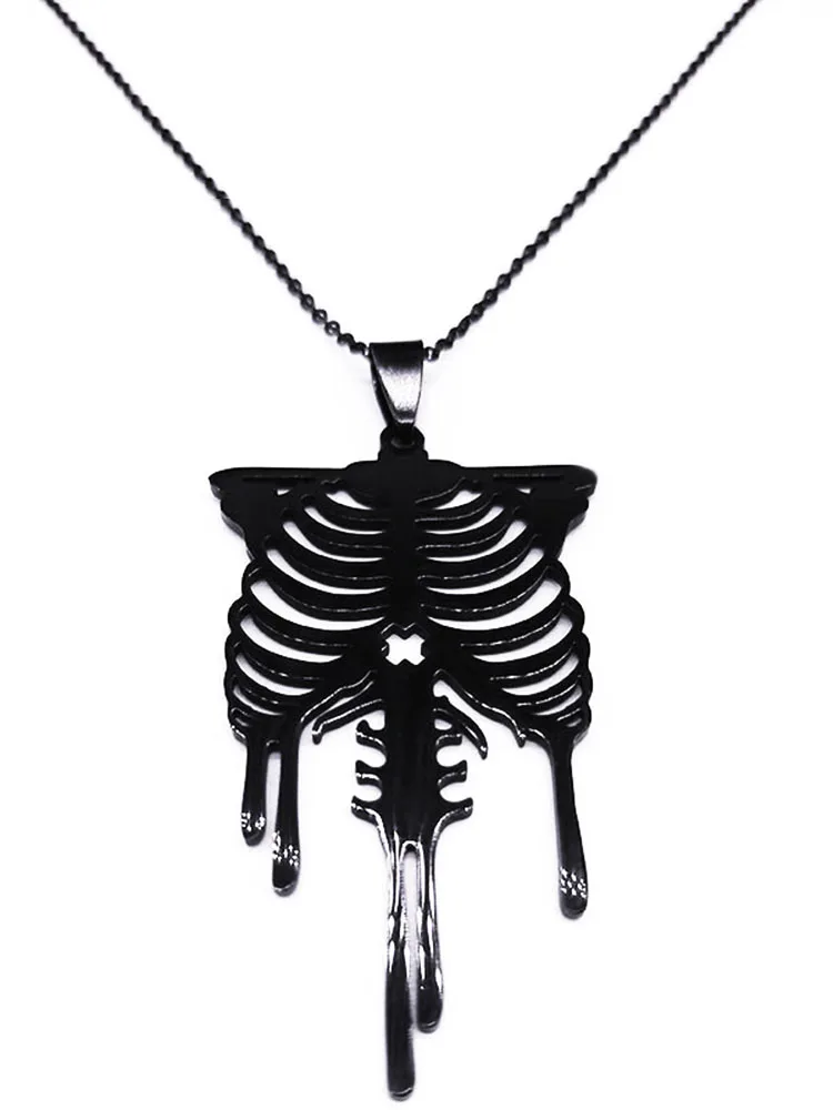 Gothic Skull Stainless Steel Necklace for Men Black Color Thoracic Rib Necklaces Pendants Jewelry colgante hombre ZZZ957-QKC