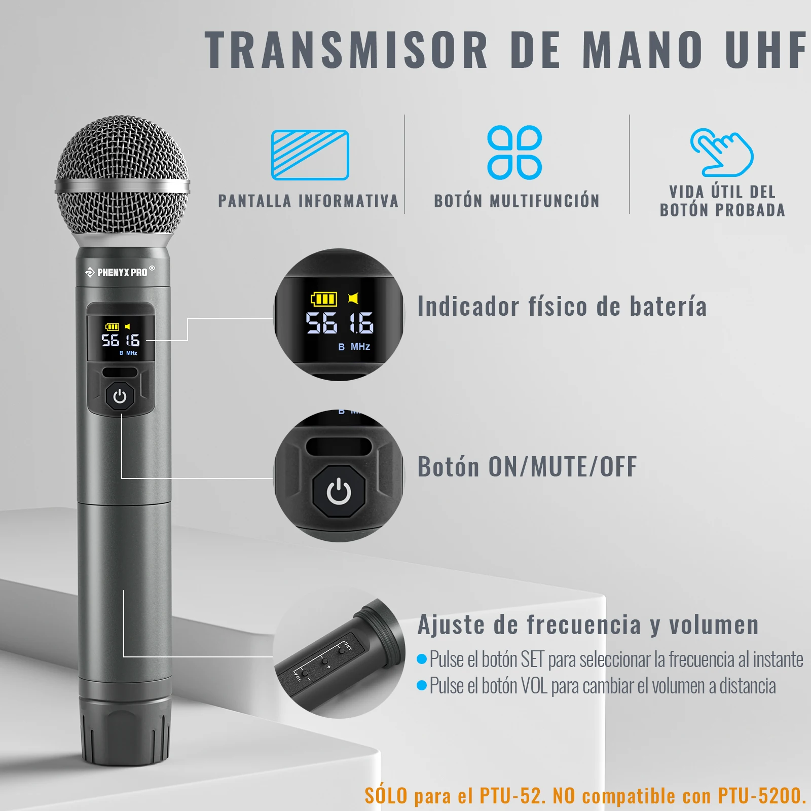 PWH-52 | Trasmettitore microfono portatile UHF Wireless Phenyx Pro compatibile con ricevitore PTU-52