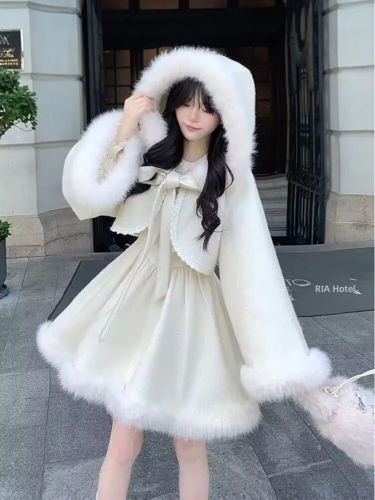 Sweet Princ Sle Mantello con cappuccio Cappotto invernale da donna Soffice gonna morbida gonfia con cinturino Dr Set Colletto lungo Sve