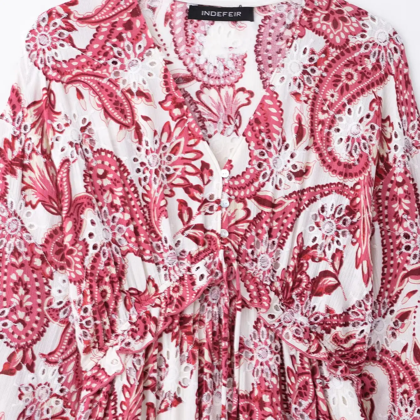 NINE ZAR レディース Vネック レースアップ ホローアウト 刺繍入り ミディ丈 ロングドレス コットン ランタンスリーブ ハイウエスト サマーカジュアルドレス