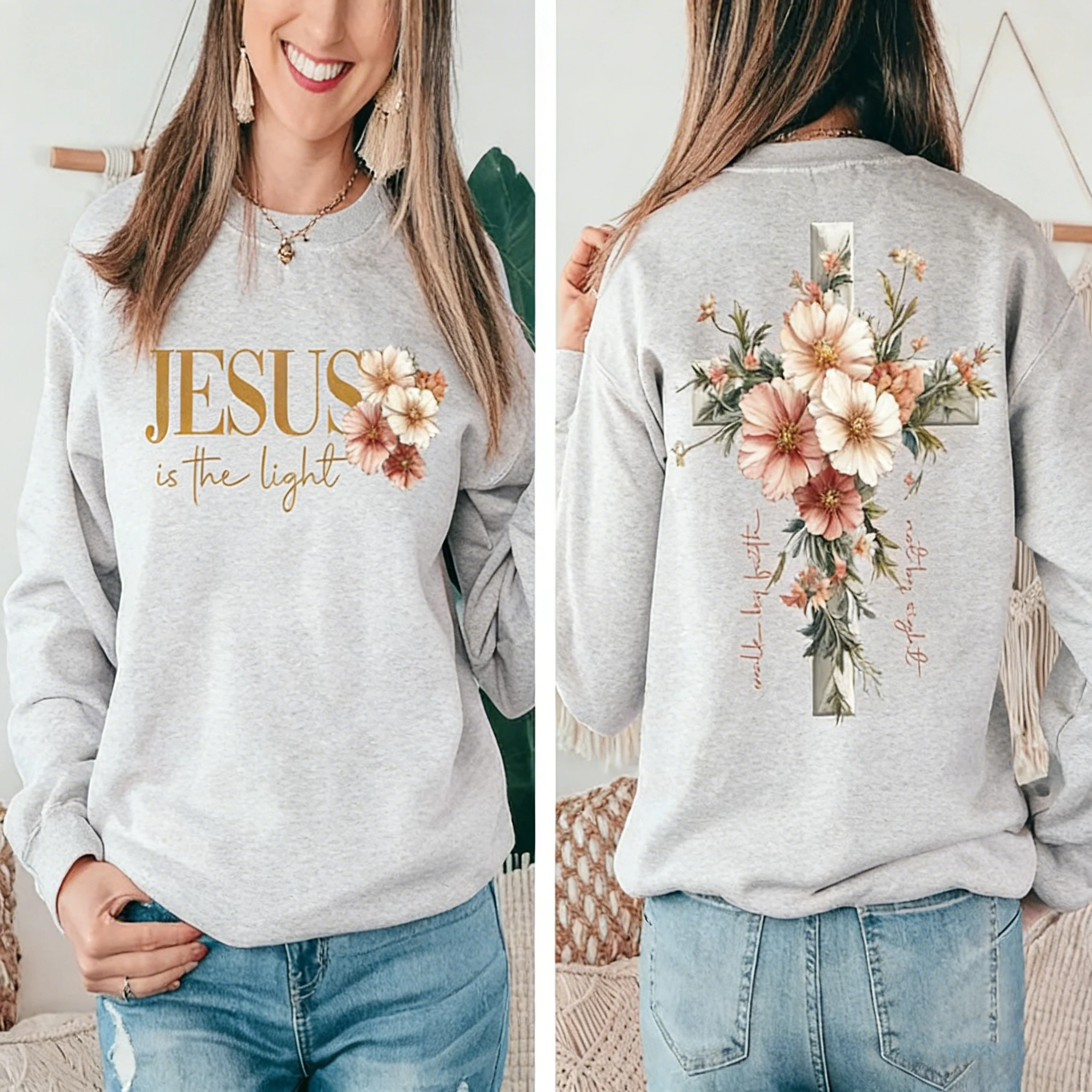 เสื้อสเวตเชิ้ตฤดูหนาวลายดอกไม้ ข้อความจากพระคัมภีร์ ของขวัญสำหรับชาวคริสต์  พระเยซูคือแสงสว่าง เดินตามศรัทธา ไม่ด้วยตาเห็น  เสื้อสเวตเชิ้ตสวยงาม