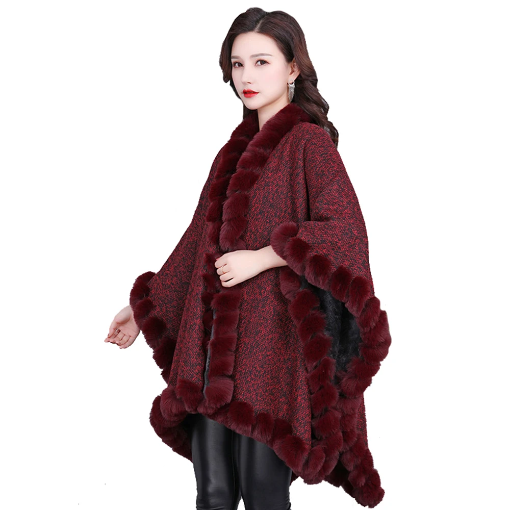 Red Luxury Faux Fur Coat Rabbit Fur Poncho Fashion Fur Shawl Wraps Loose Plus Size Women Winter Warm Fluffy Fur Long Cloak Cape