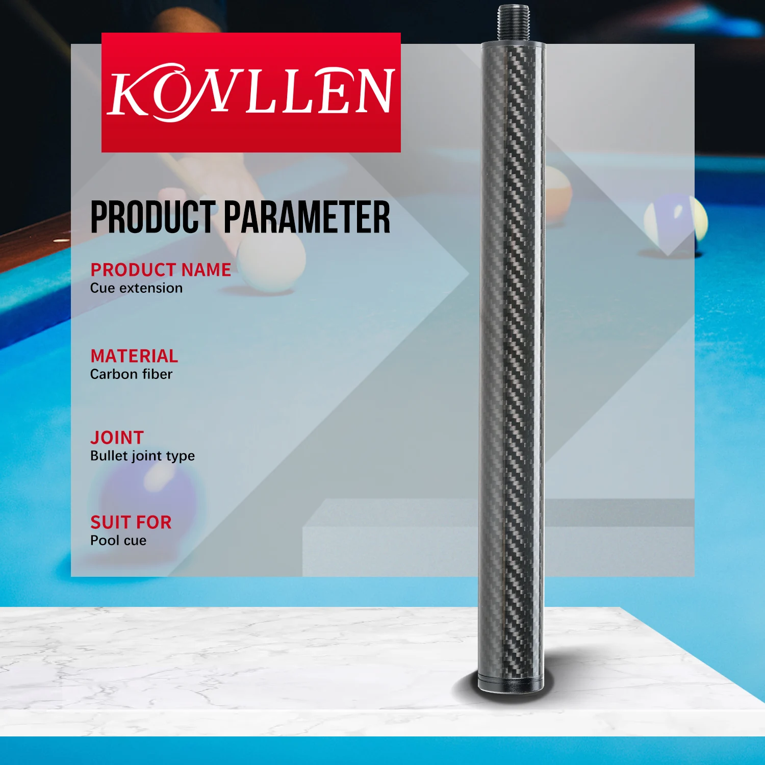 KONLLEN Pool Cue Extender 12 inch Carbon Fiber Billiards Cue Extension With Bumper For MEZZ/PREDATOR/HOW Billiards Accessories