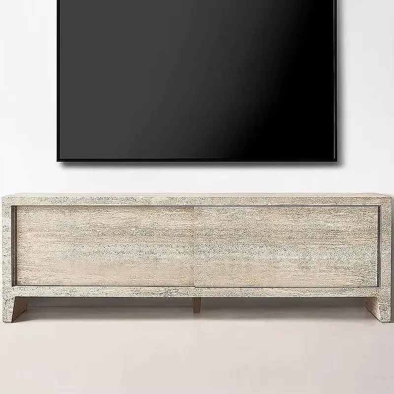 Wall-mounted customizable modern Wabi-Sabi style TV cabinet in natural travertine with wooden details for villa or hotel