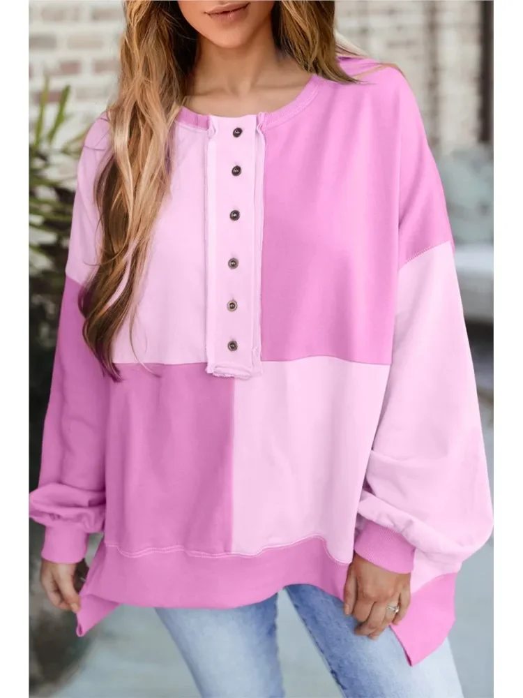 

Fashion Spliced ​​Contrast Color Sweatshirts Women Spring Autumn New Long Sleeve Button V Neck Casual Pullover Tops Streetwear