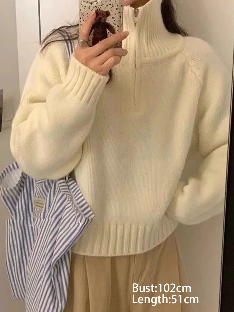 Rollkragen Süße Revers Lose Tops Beiläufige Gestrickte Elegante Koreanische Jumper Herbst Winter Lange Ärmeln Halb Zipper Pullover Pullover