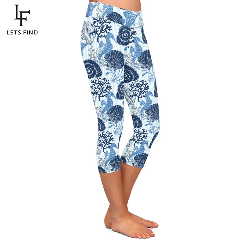 LETSFIND Summer New 3D Shells Seahorses and Corals Printing Capri Leggings High Waist Slim Fitness Mid-Calf Leggings