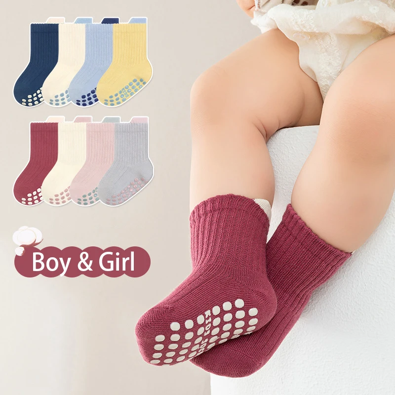 4Pairs Children Socks For Boys Girls Knitted Cotton Kids Anti-Slip Socks Short Toddler Infant Baby Floor Sock High Quality
