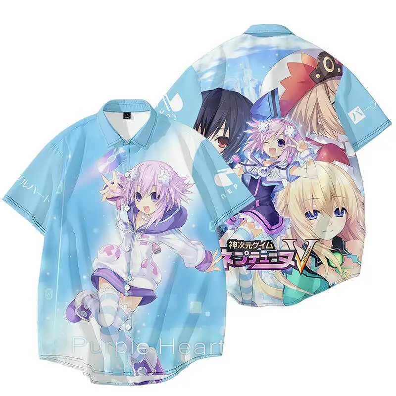 Anime Hyperdimension Neptunia 3D Printed Short Sleeve Hawaiian Shirt Lapel Men's Clothing Casual Fashion Tops Oversized Tshirt