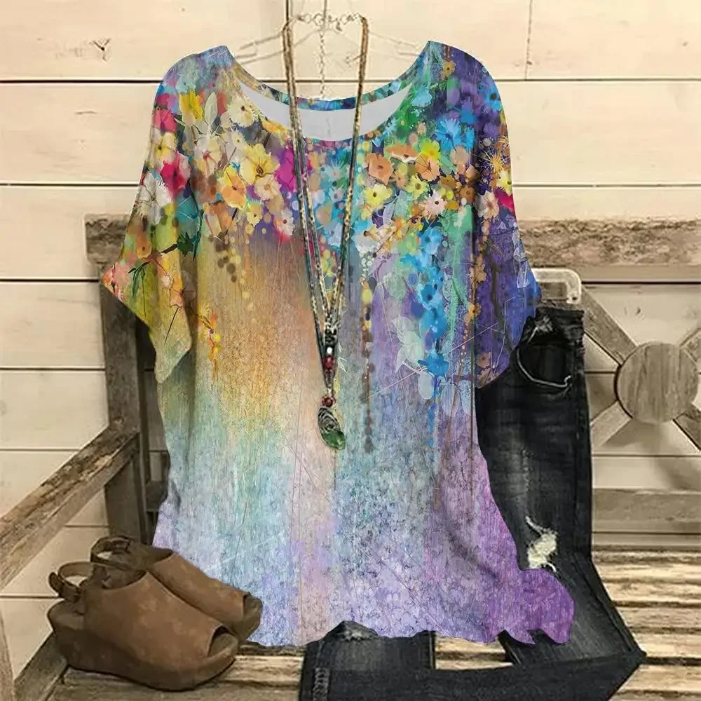 Fashion Oversized T-Shirt for Women 3D Floral Gradient Print T Shirt O-Neck Short Sleeve Tops Casual Ladies Pullover Loose Tees