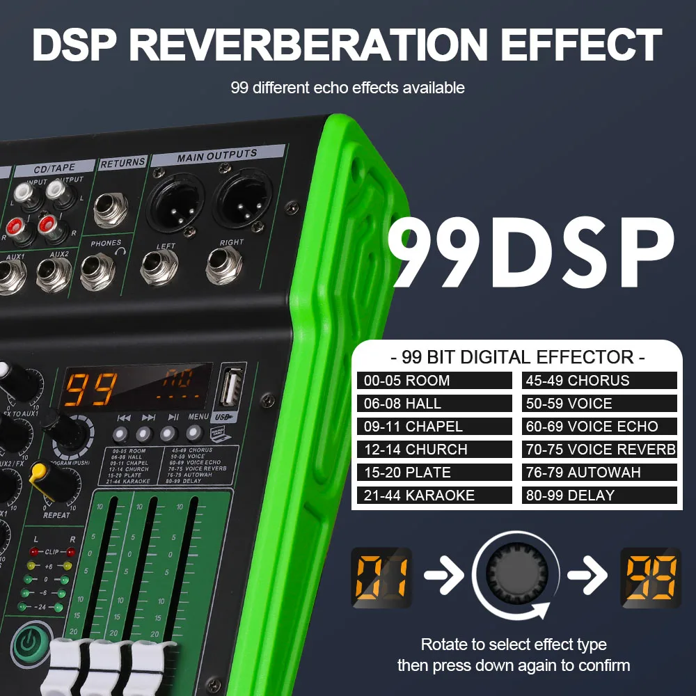 DGNOG BL-06FX 6-канальный аудиомикшер с эффектом 99DSP, 48 В, фантомное питание, Bluetooth, USB, DJ-консоль, караоке-микшер для сцены и студии