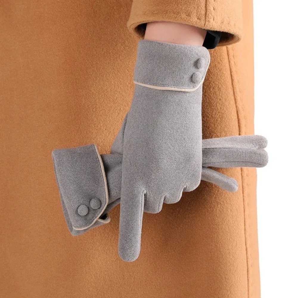 Simple Button Winter Gloves Fleece Touchscreen Women Gloves Fleece-Lined Warm Cycling Mittens Gift
