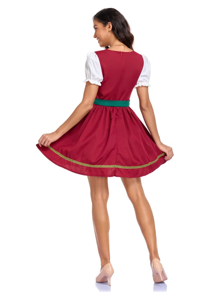 Damen Oktoberfest Puffärmel-Kleid Bayerisches Dirndl Grünes Satin-Schürzen-Outfit Festival Karneval Party Kostüm 2026 – Detail 4
