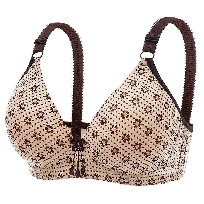 Women Printed Wireless Mom Bra Thin Cup Comfort Underwear Back Three Rows Buckle Brassiere for Daily