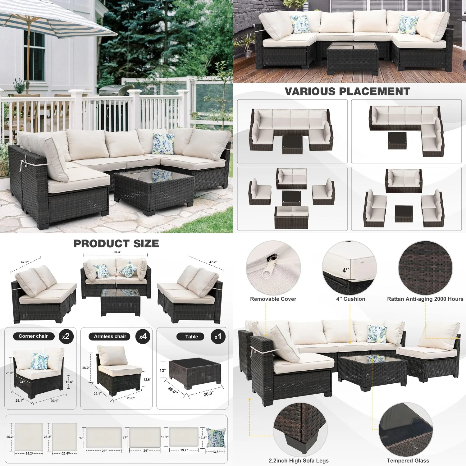 

7pcs All-Weather Rattan Patio Sectional Sofa Set Anti-Slip Cushions 2 Pillows Deck Garden Lawn Customized