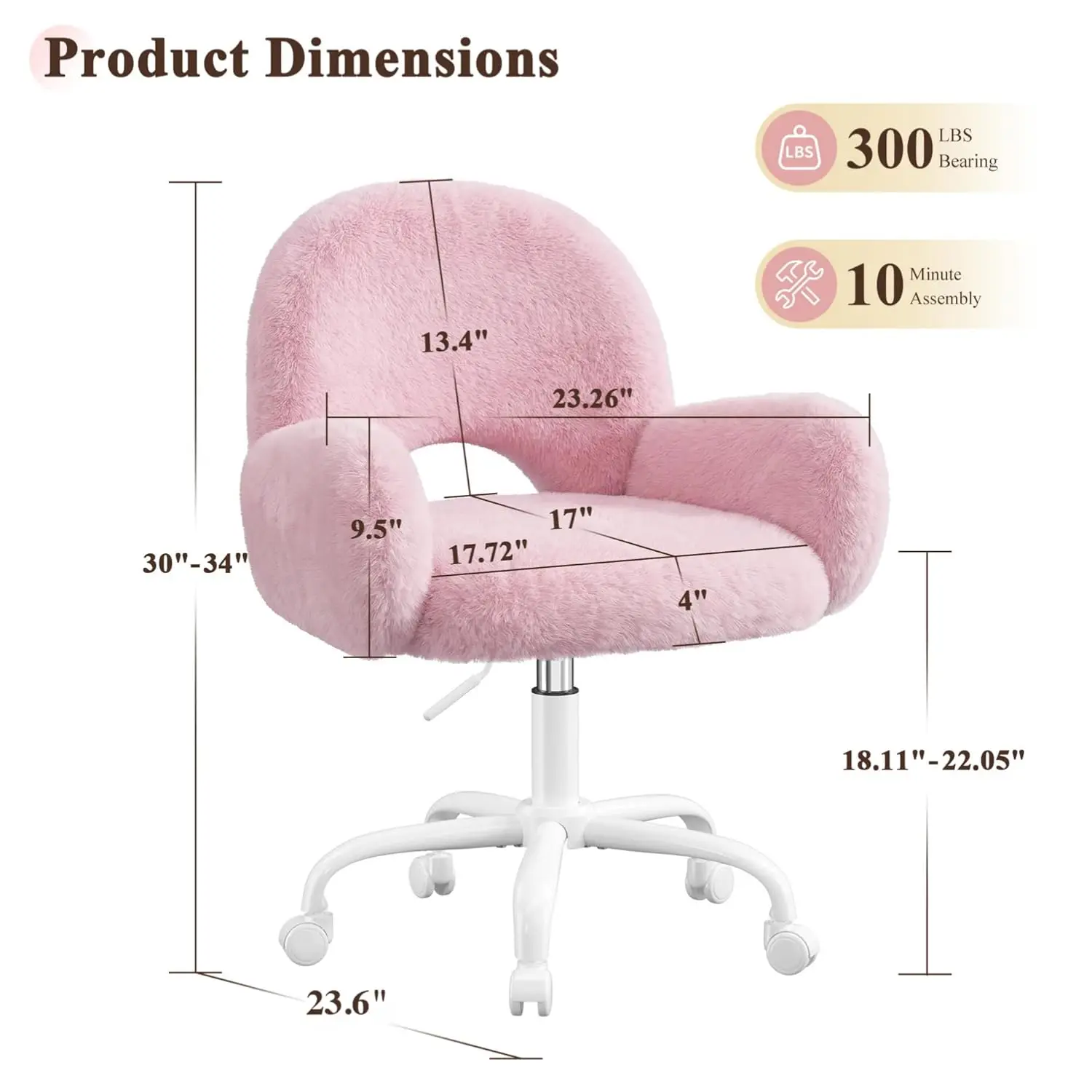 Vanity Chair Round Hollow Back Height Adjustable Faux Fur Wheels Arms Makeup Bedroom Home Office Salon Custom