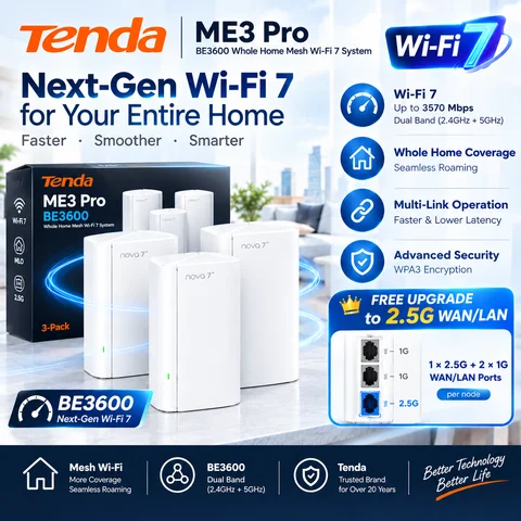 Tenda BE3600 WiFi7 Mesh System ME3 Pro Wireless Router Dual-Band WAN LAN Wi-Fi7 Mesh Wifi Range Extender WIFI7 Network Repeater