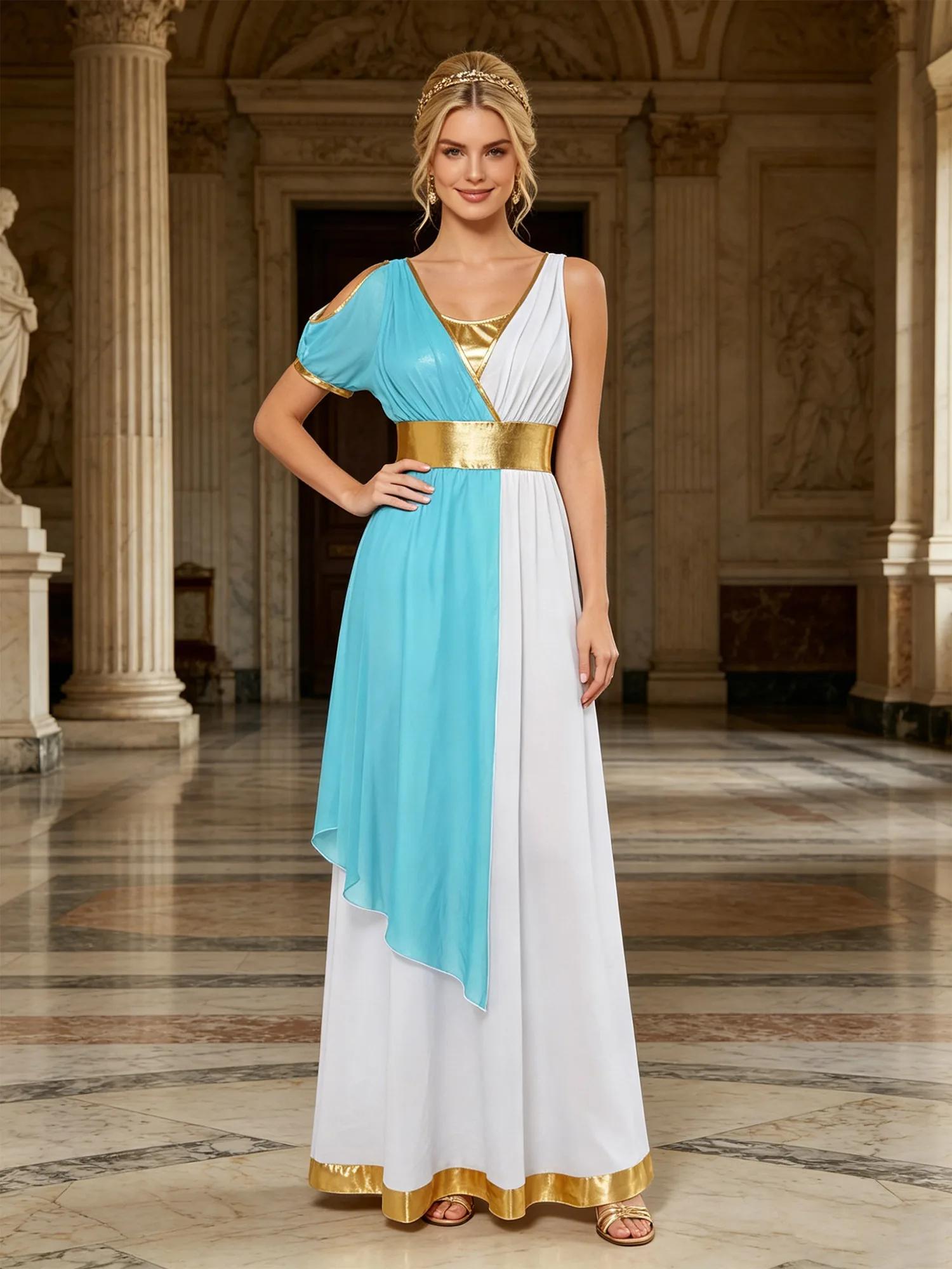 Vestido de oración de gasa fluida para mujer, estilo griego antiguo, disfraz de cosplay de mitología, manga corta abullonada con borde dorado, vestido de carnaval.