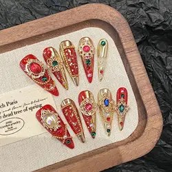 10pcs Handmade Luxury Wedding False Nails Red Long Stiletto Chinese Retro Gold Decorations Press On Nails Charming Fake Nail