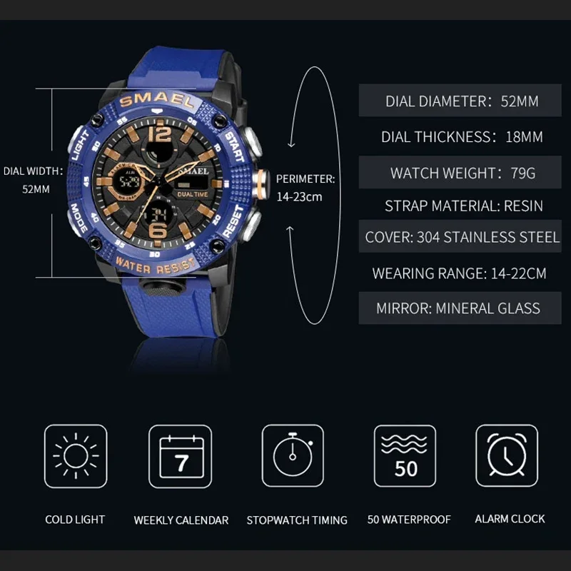 SMAEL Sport Watches Waterproof 50M  Luxury Watch Alarm Clock For Male Digital  Men's Watch Wristwatch Military Army 8039