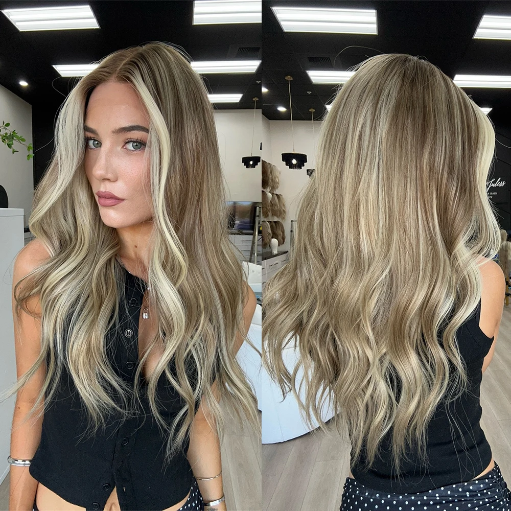 

Медовый пепельно-русый блондин, 26-дюймовый синтетический HD парик спереди, предварительно выщипанные натуральные волосы, термостойкие, повседневная одежда для женщин