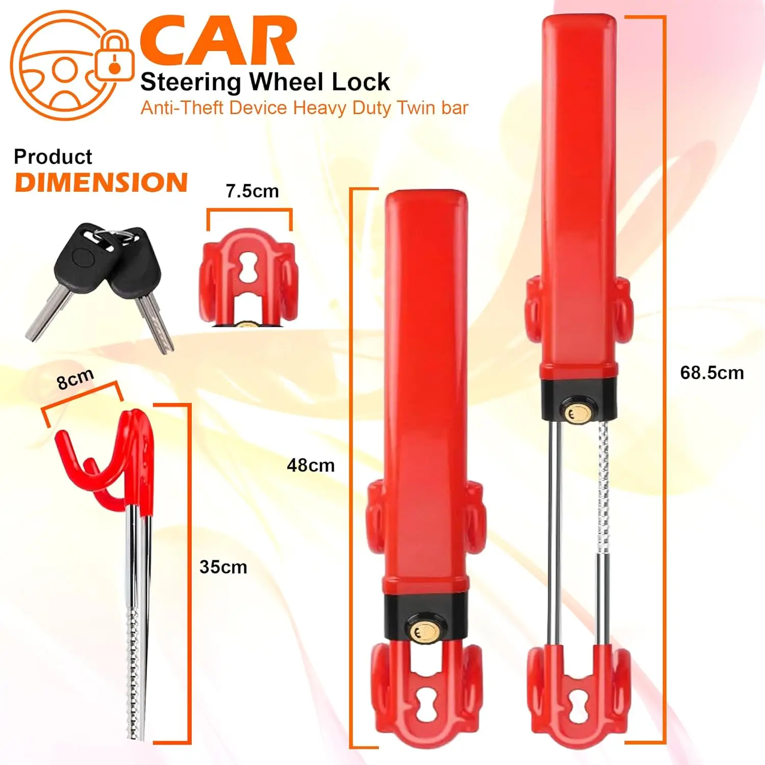 Steering Wheel Lock Twin Bar, Anti-Theft Heavy Duty Car Van Wheel Locks Crook Lock for Car Security SUV Wheel Locks + 2 Keys