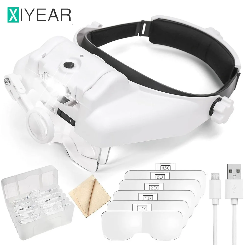 Headband Magnifying Glass Rechargeable Handsfree Head Mount Magnifier 6 Detachable Lens Visor Loupe Tool For Close Work