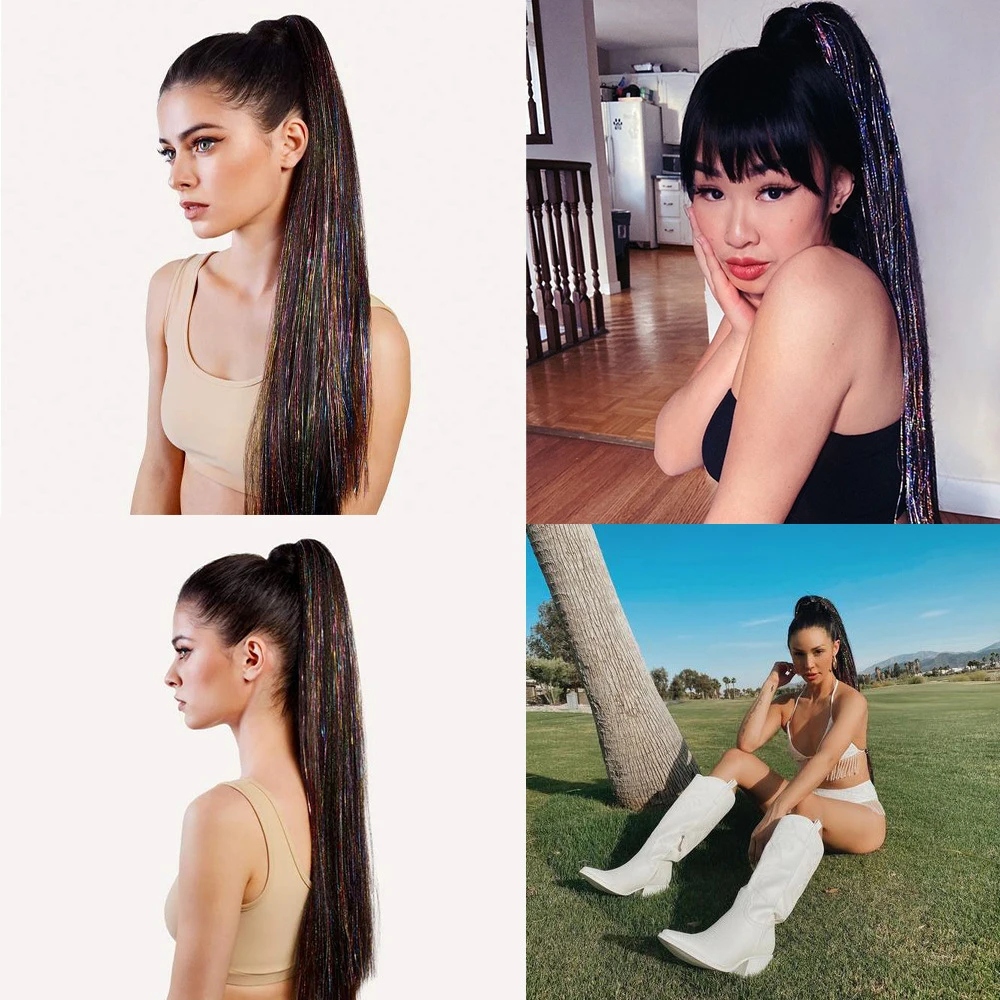 Synthetic Wrap Straight Ponytail Extensions Headdress Shiny Ombre Black Brown Blonde Blend Women Wig