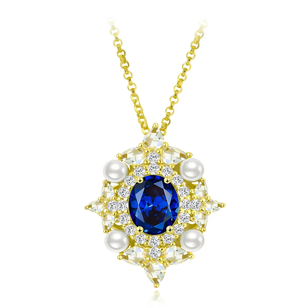 

New S925 Silver Egg 7 * 9 Blue Corundum 2 Carat Medieval Retro Palace Plating Luxury Necklace Jewelry Wedding