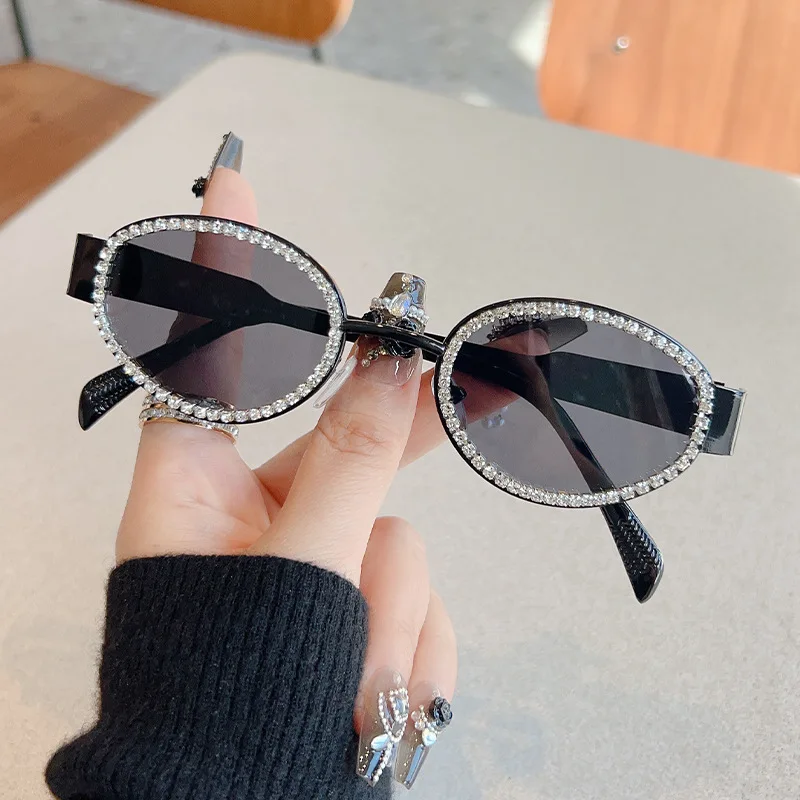 Drill sunglasses female senior feeling INS oval-framed metal glasses fashion European and n Y2K sunglasses