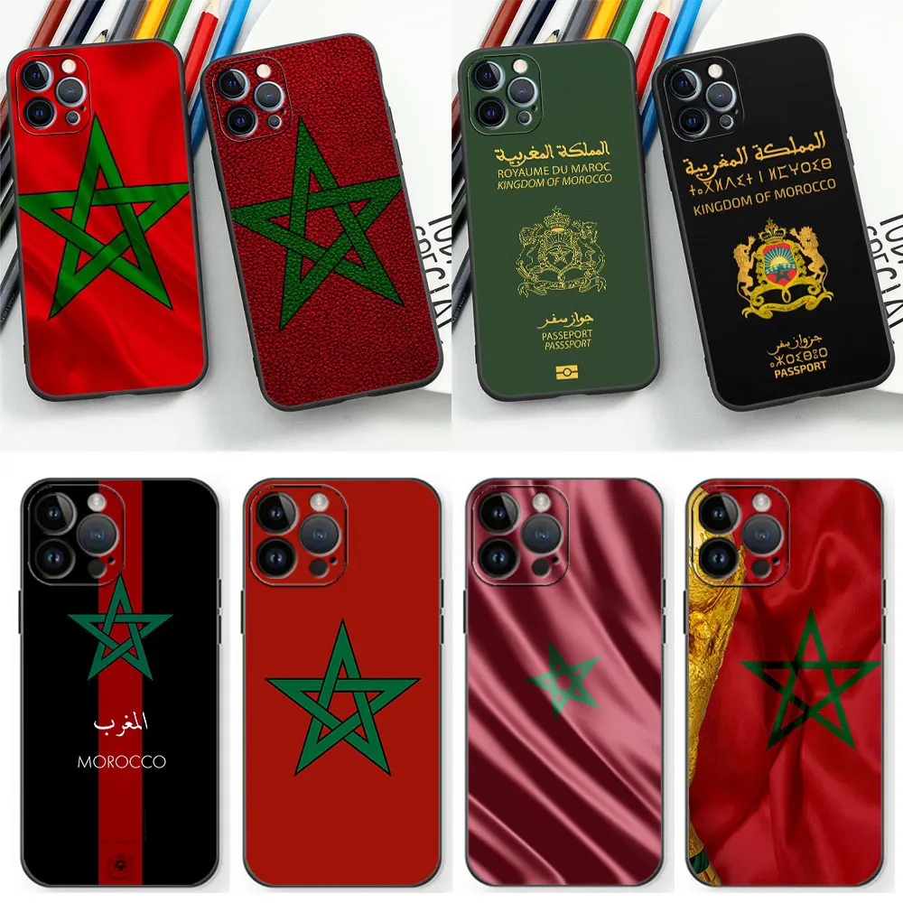 Moroccans Morocco Flag Passport Phone Case For Apple iPhone 15 14 13 12 11 Pro XS Max Mini 7 8 Plus X XR SE Black Silicone Cover