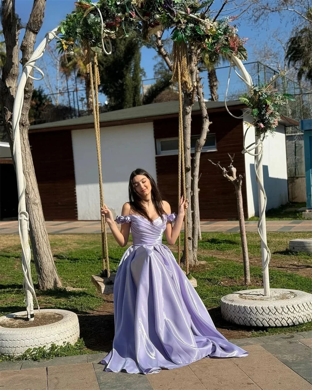 مثير مخصص التدابير العربية السعودية الأخضر مثير الخزامى الأزهار فساتين السهرة ألف خط مطوي قبالة الكتف فستان الحفلات تدفق ثلاثية الأبعاد #2