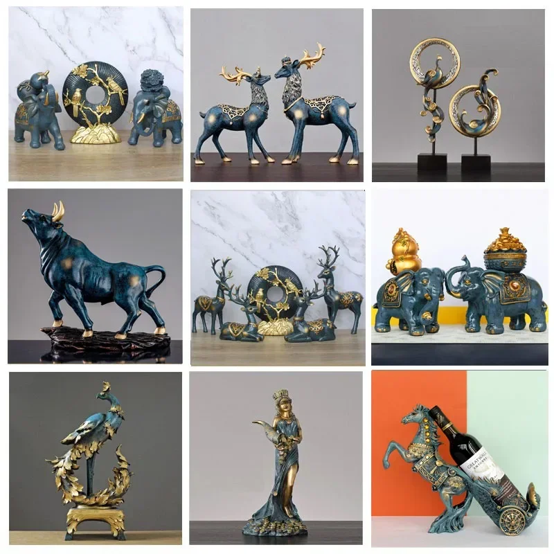 

1 pc 2pcs blue resin elephant Statue Ornaments Living room animal deer statue Figurine Wealth Goddess sculpture home decoration