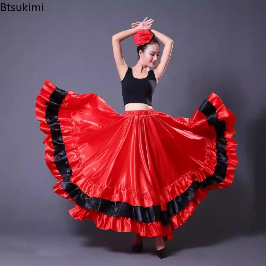 Flamenco 720Degree Spanish Gypsy Woman Skirt Polyester Satin Smooth Big Swing Carnival Party Ballroom Belly Dance Costumes Dress
