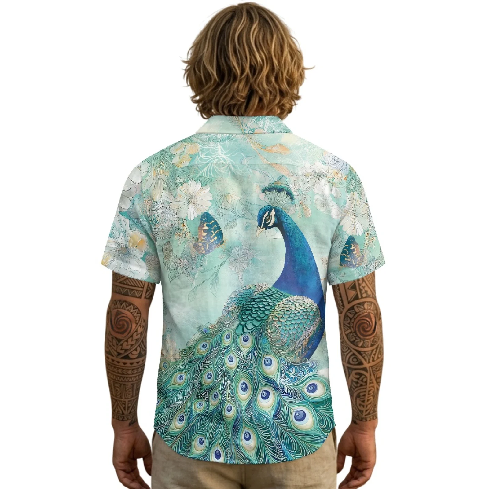 PENSTROLL Peacock Linen Style Short Sleeve Shirt for Men Mens Short Sleeve T-shirt for Male Solid Color Men's Shirt