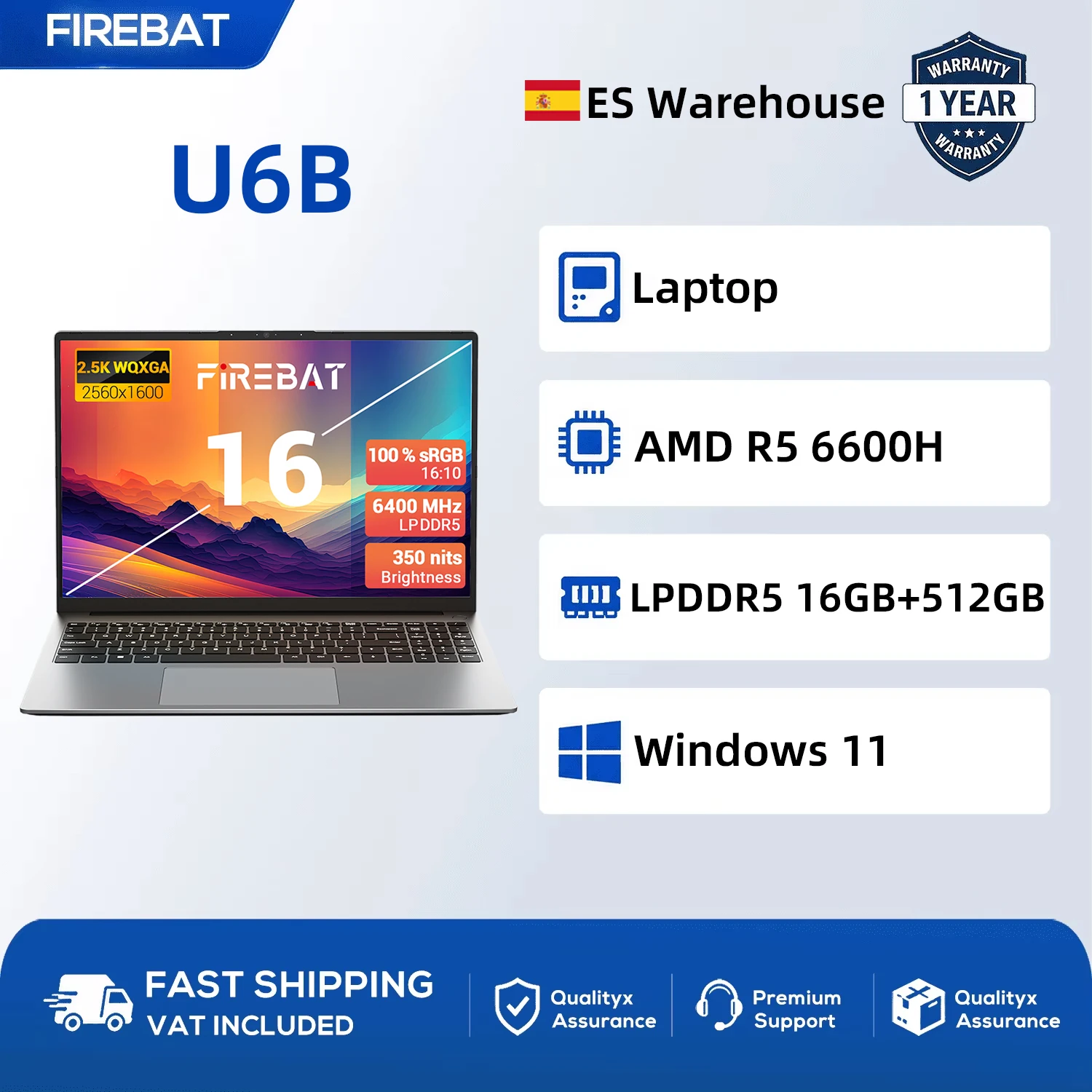 Portátil FIREBAT U6B 16" AMD R5 16GB 512GB