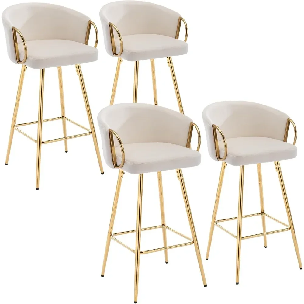 Counter Altura Bar Stools Set, Velvet Low Back Chair, Braço dourado para Kitchen Island, Home Bar, Dining Bar, 26 in, Conjunto de 4