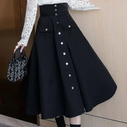 Spring and Autumn Women New Stitching High-waisted Zipper Button Pocket Fashion Solid Color Slim Fit Versatile A-Line Skirts