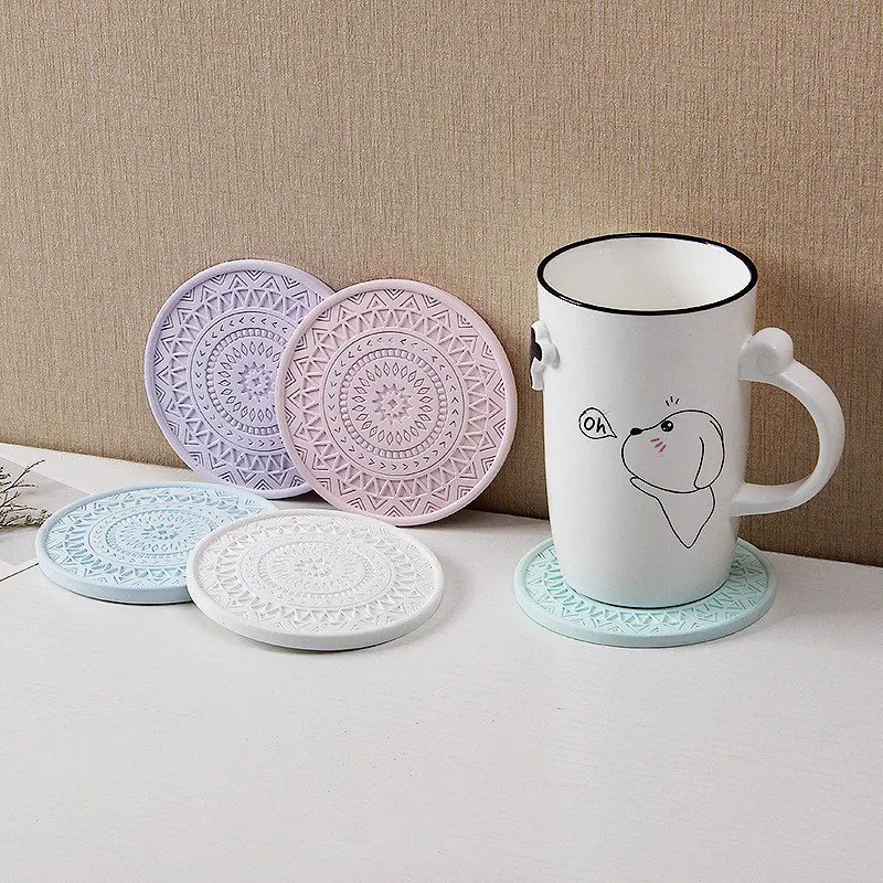 Absorbent Drink Coasters Colourful Diatomite Round Cup Mat Simple Basswood  Carved Heat Proof Protecting Table Decoration