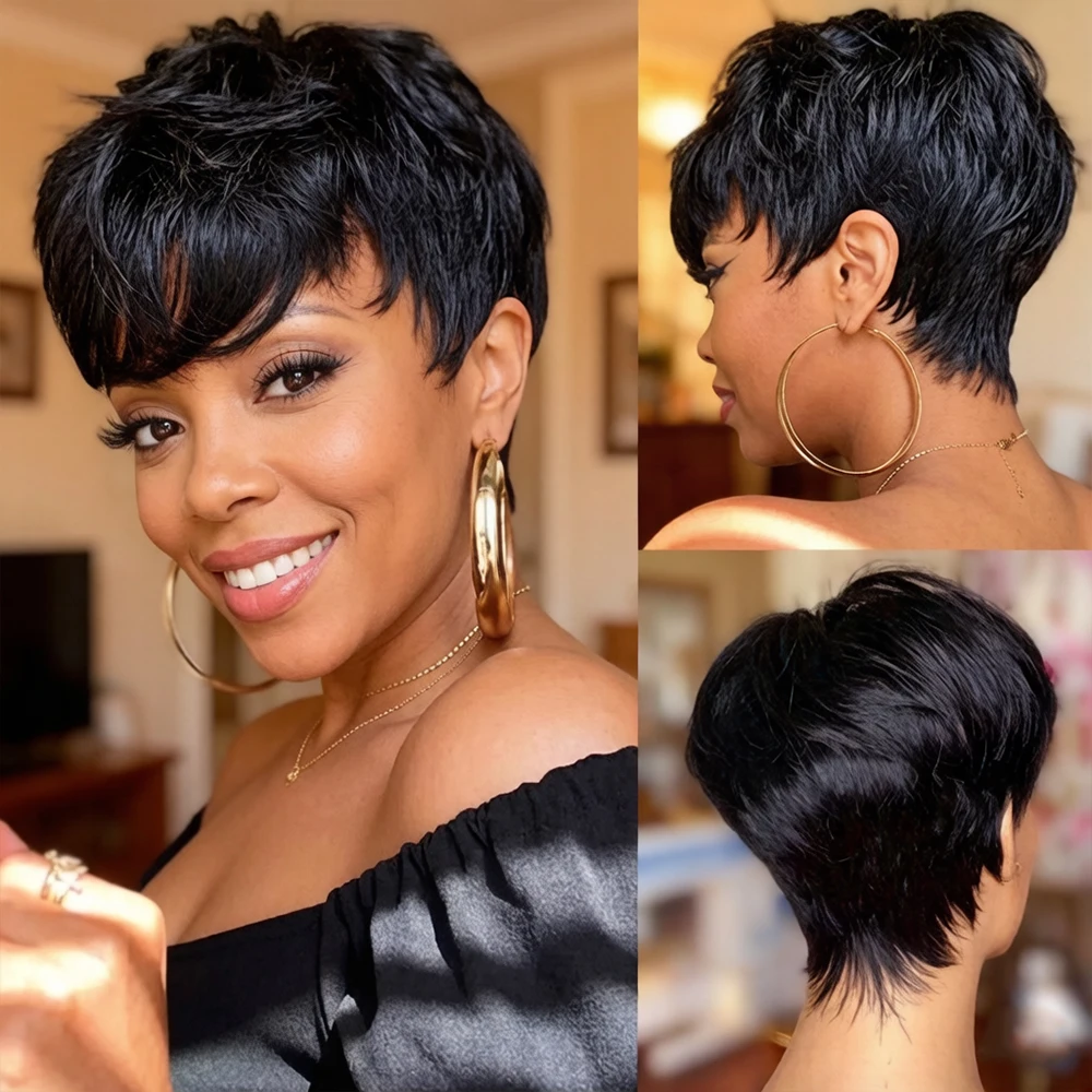 

Glueless Pixie Cut Human Hair Wig Short No Lace With Bangs Machine Made Daily Wear