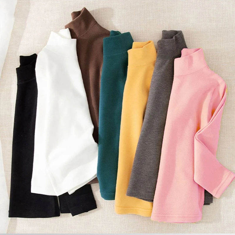 T-shirt for Girls Solid Thermal Underwear Autumn Winter Long Sleeve Casual High Collar Thin Velvet Heating Tops 6 8 10 12 Years