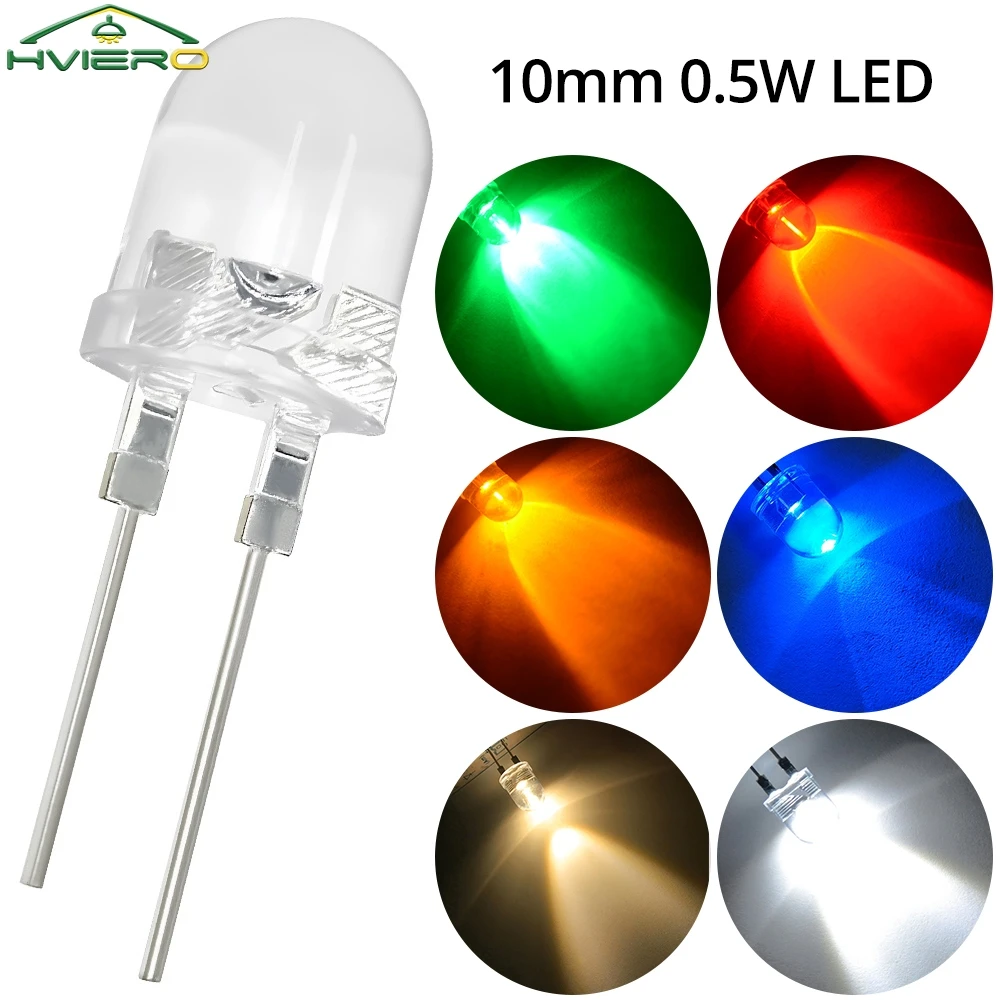 

50/250/500/1000Pcs Red Green Blue Yellow Warm White Light-emitting Diodes 0.5W LED 10mm Round Lamp Bead 2.0~3.6V Power Light