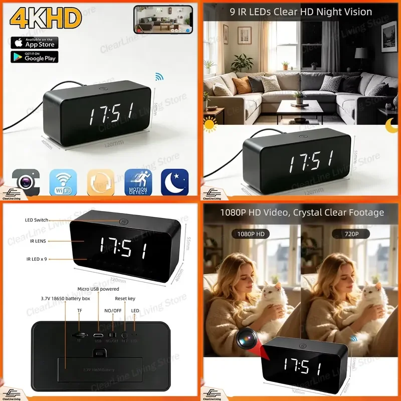 for Wireless WiFi Mini Clock Camera 1080P Infrared Night Vision Motion Detection Indoor Home Office Security System P2P Alarm